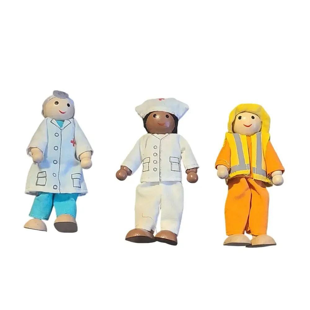 Wooden Posable Dolls Nurse., Outdoor worker & Doctor - Hand-Made Unique! # 719